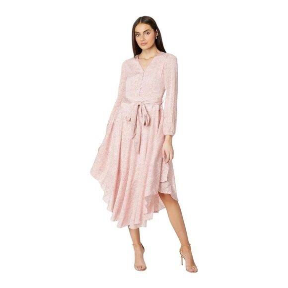 Vince Camuto Pink Orchid Midi Dress V-Neck Tie Waist Handkerchief Hem Medium NWT - Picture 1 of 16